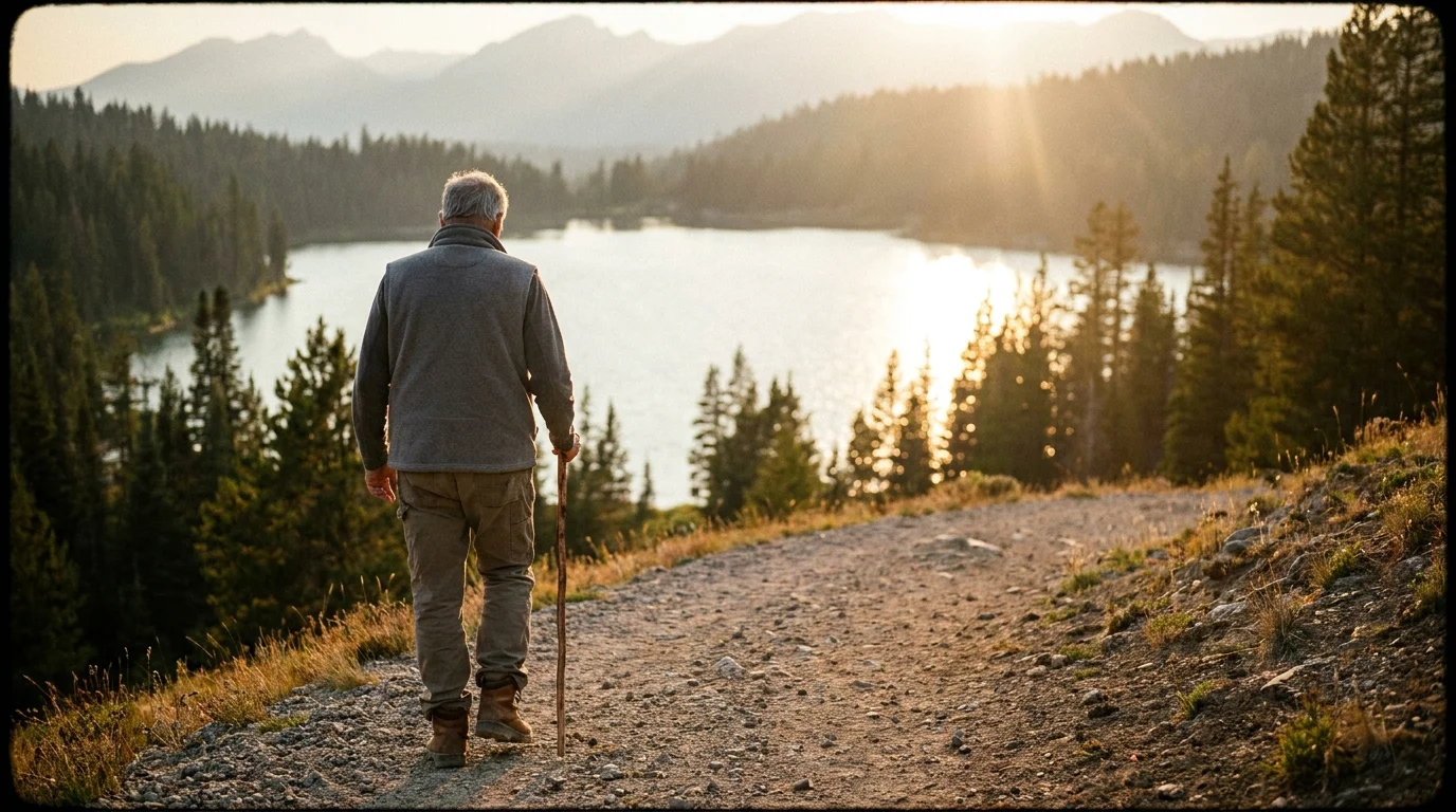 A 35mm film photo of a retiree hiking a scenic trail overlooking a lake at sunset.