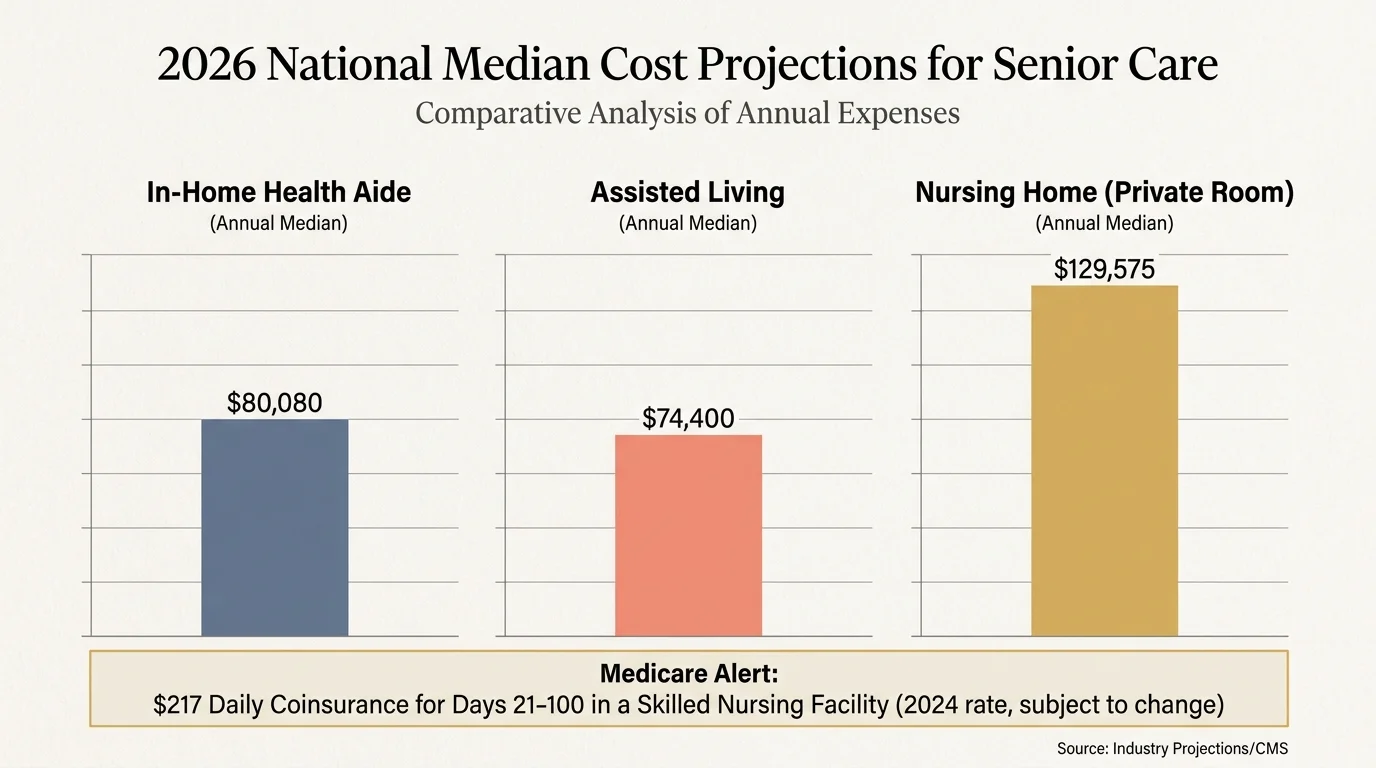 A bar chart comparing 2026 costs for in-home care, assisted living, and private nursing home rooms, ranging from $74,400 to $129,575.