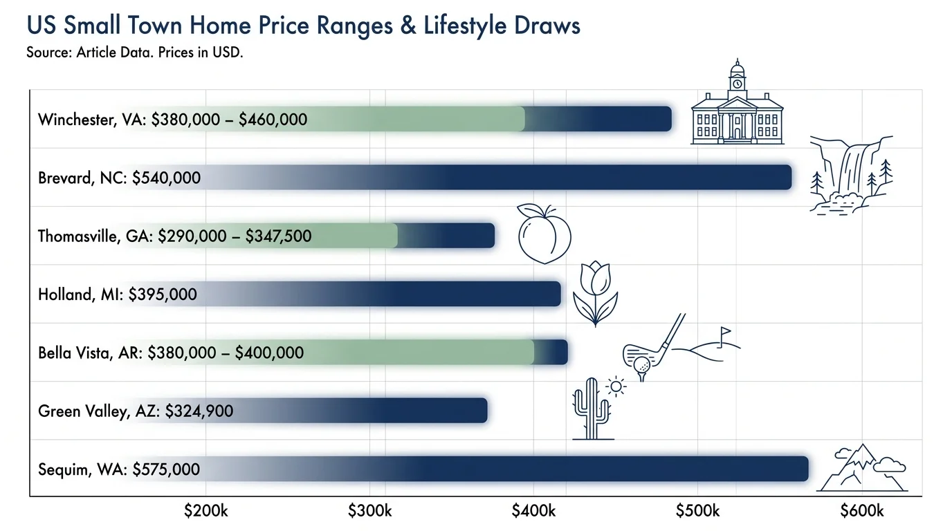 A bar chart comparing median home prices across seven retirement towns, ranging from $290,000 to $575,000.