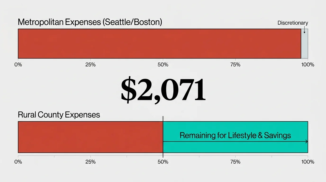 A bar chart showing how a $2,071 Social Security check covers more expenses in a rural area compared to a city.