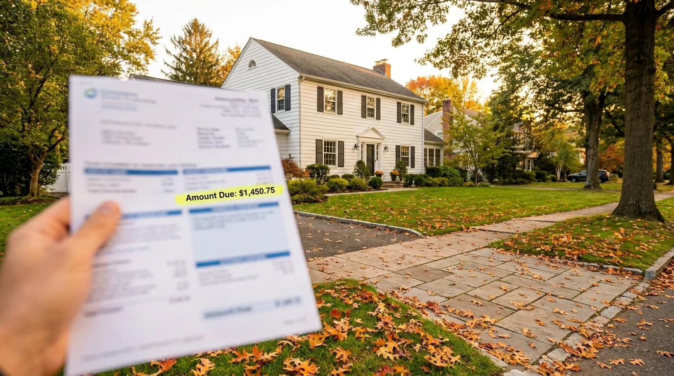 A beautiful Connecticut home in autumn, with a high utility bill held in the foreground.