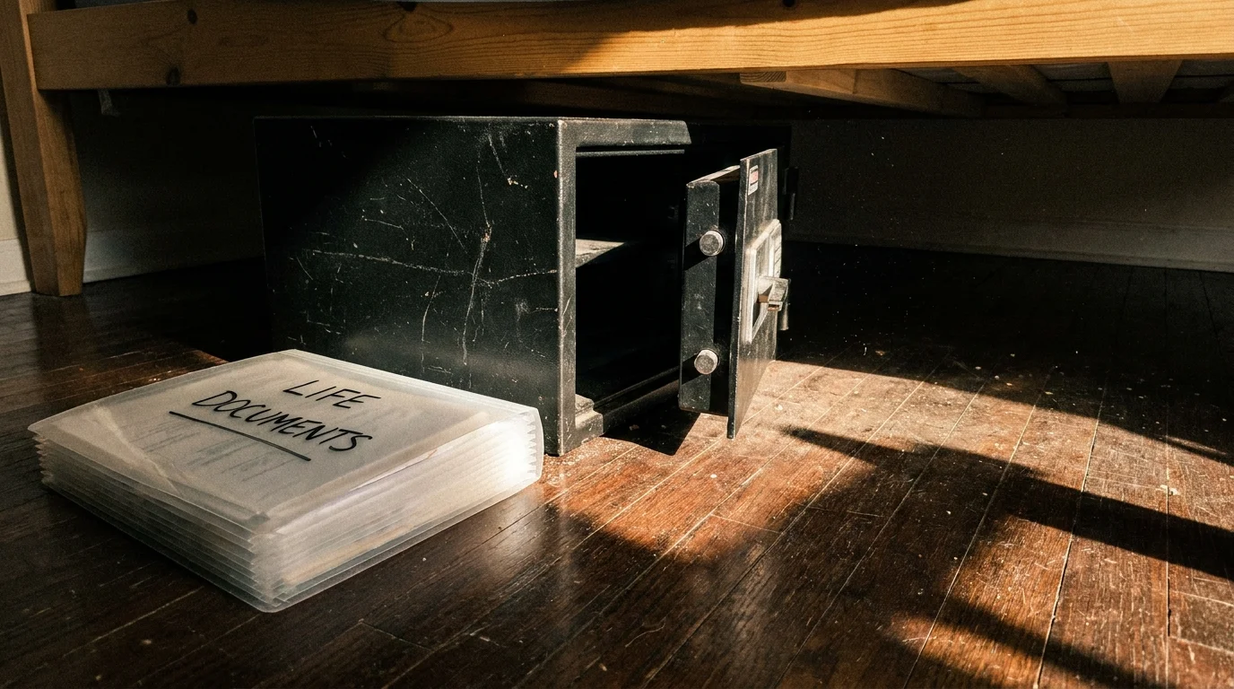 A black fireproof safe and a document folder labeled 'LIFE DOCUMENTS' tucked under a bed on a hardwood floor.