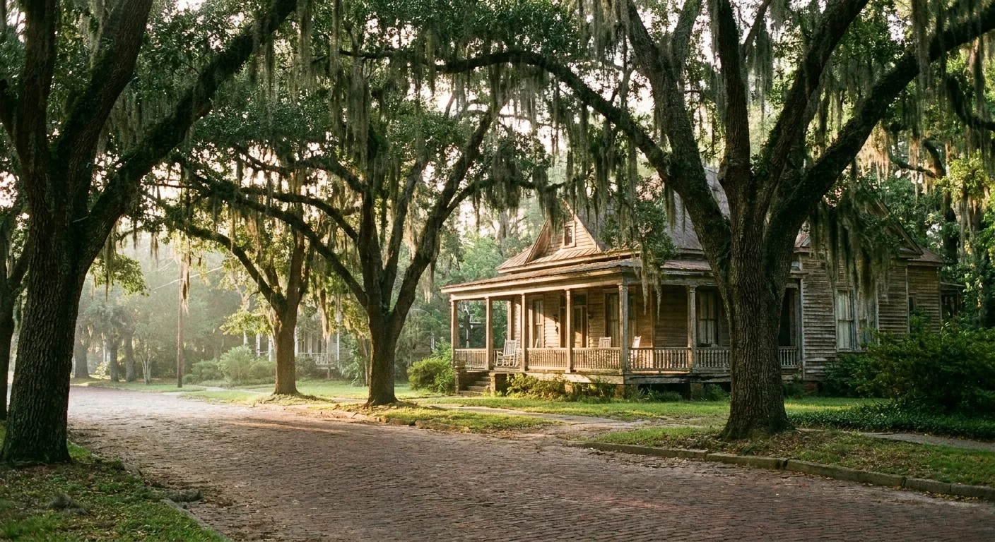 A brick-paved street in Thomasville, Georgia, lined with live oak trees and Spanish moss.