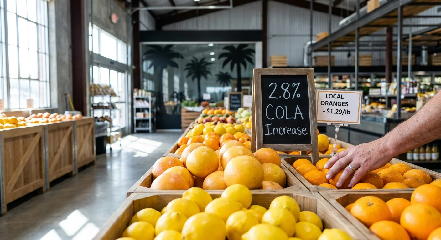 A bright display of citrus fruit at a McAllen grocery store with a sign mentioning the 2.8 percent COLA increase.