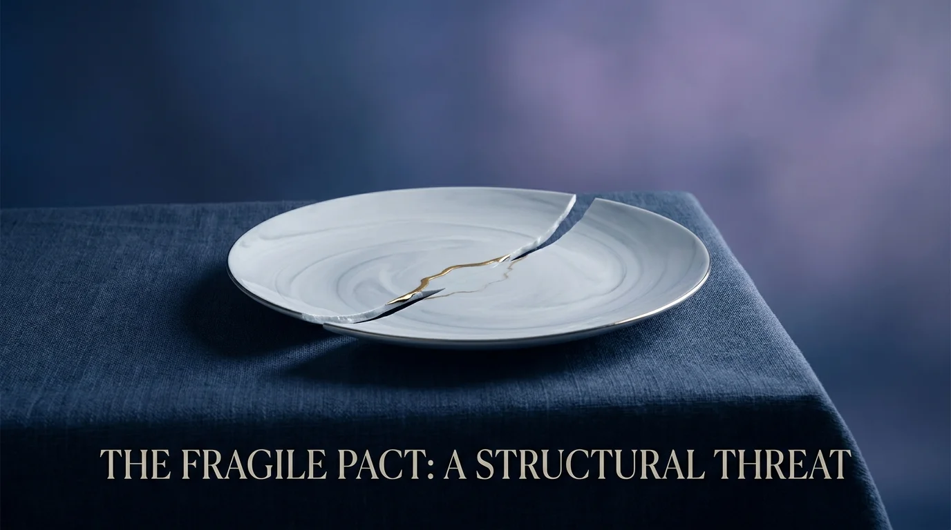 A broken porcelain plate with a thin gold repair line on a dark blue background, symbolizing the fragility of long-term marriage.