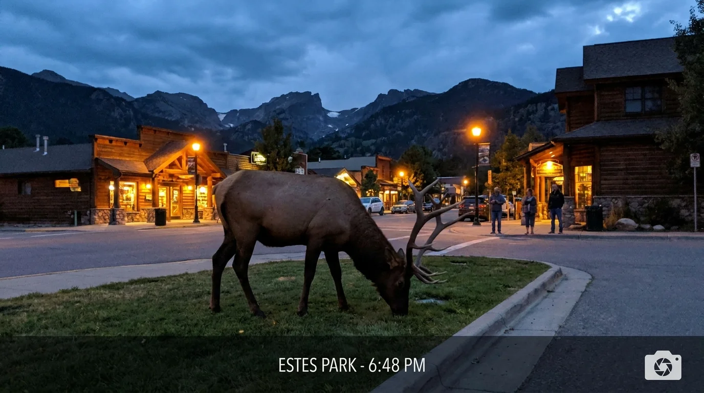 A bull elk grazes near a residential area in Estes Park, Colorado, with mountain peaks in the background.