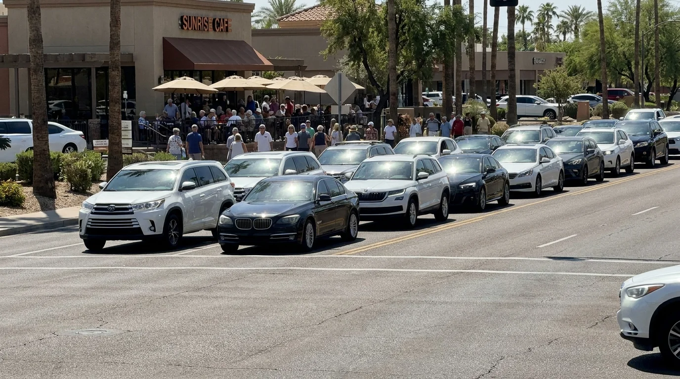 A busy Arizona intersection with a line of cars and a crowded sidewalk outside a local restaurant.