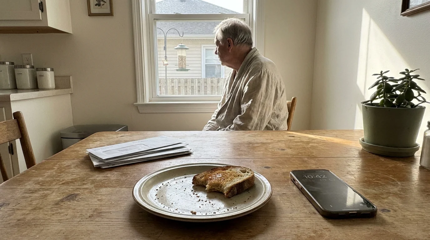 A candid photo of a kitchen table at 10:42 AM with a person in a robe looking out the window, showing a slow, unstructured morning.