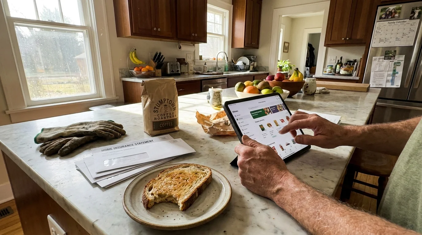 A candid photo of a retiree’s hands using a tablet on a kitchen counter surrounded by grocery bags and bills.