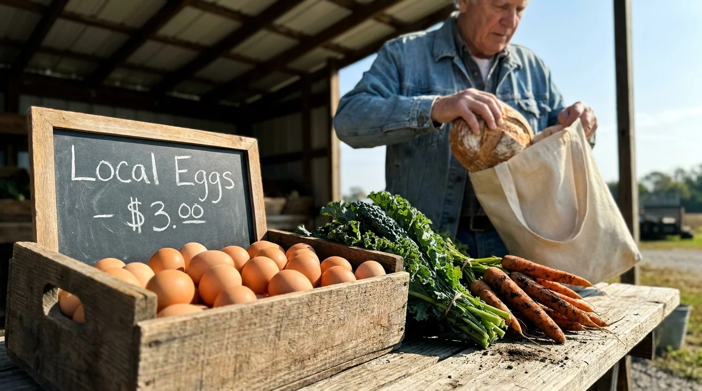A candid smartphone photo of a rural farm stand with fresh eggs and vegetables at low prices.