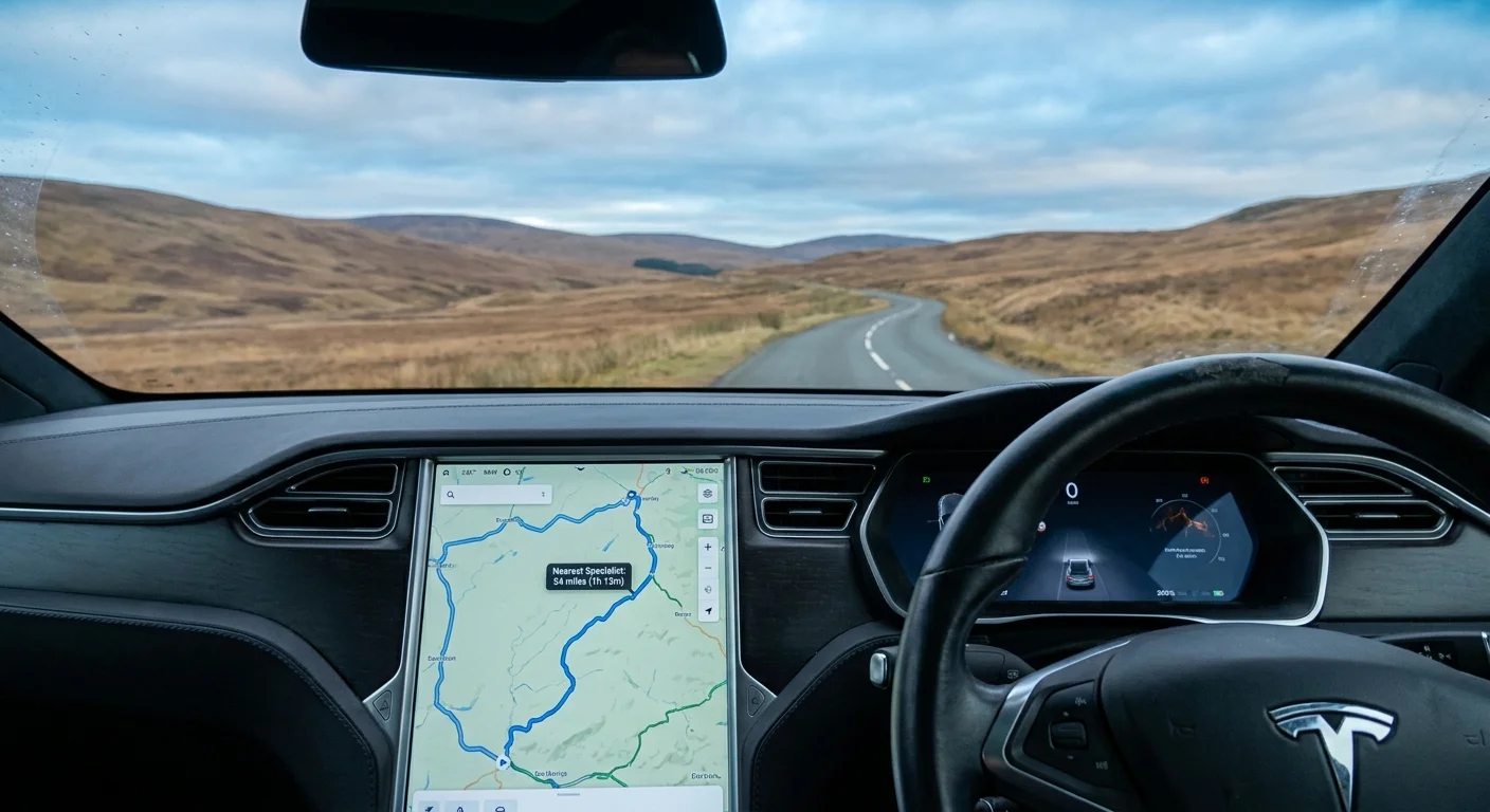 A car's navigation screen showing a long travel time to the nearest medical specialist in a rural area.