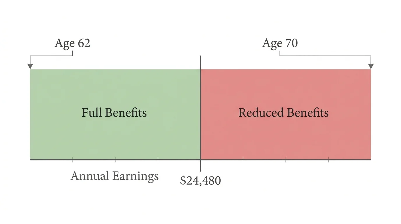 A chart showing the $24,480 earnings limit for Social Security, indicating how benefits change based on income.