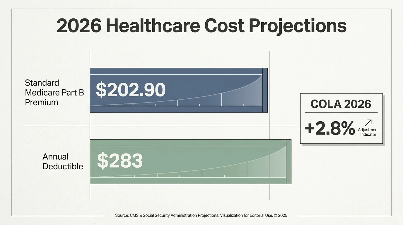 A clean data diagram showing the 2026 Medicare Part B premium of $202.90 and the $283 annual deductible.