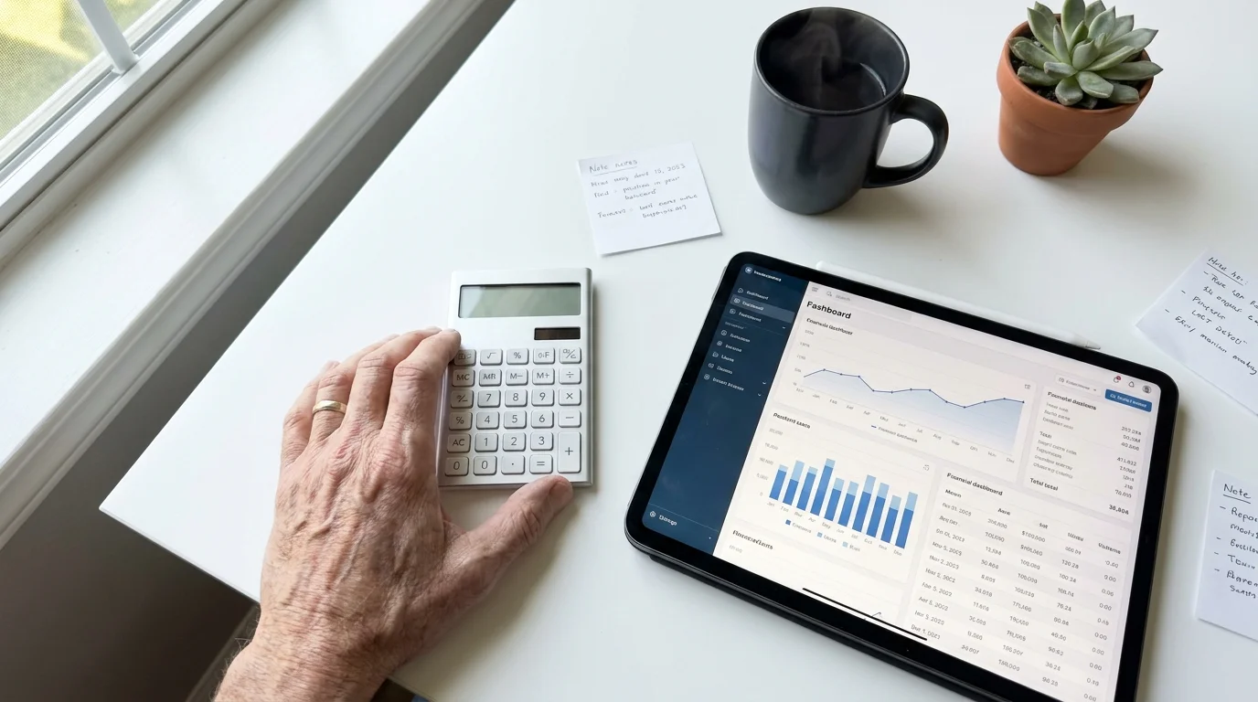 A clean desk with a tablet, calculator, and coffee, representing a virtual assistant or bookkeeping job.