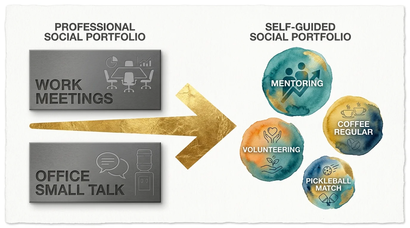 A clean, horizontal mixed-media diagram comparing a rigid 'Professional' social life to a vibrant, diverse 'Self-Guided' social portfolio.