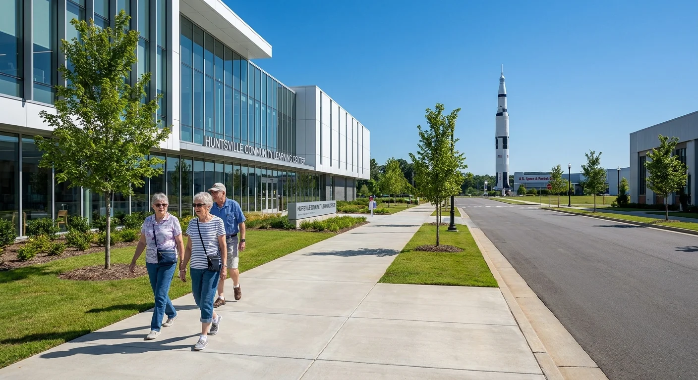 A clean Huntsville street with retirees walking in the foreground and a large space rocket visible on the horizon.