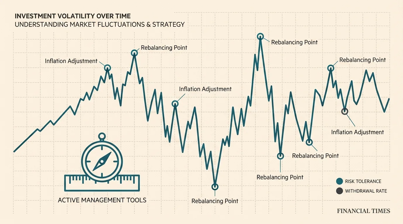 A clean line graph showing market volatility with icons for a compass and ruler, symbolizing active portfolio management.