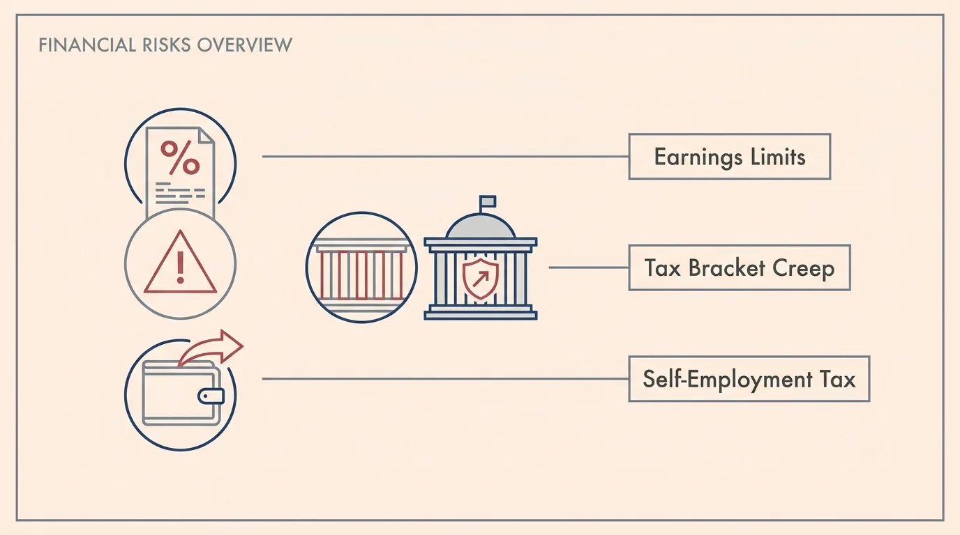 A clean, professional diagram showing three pitfalls of retirement work: Earnings Limits, Tax Bracket Creep, and Self-Employment Tax.