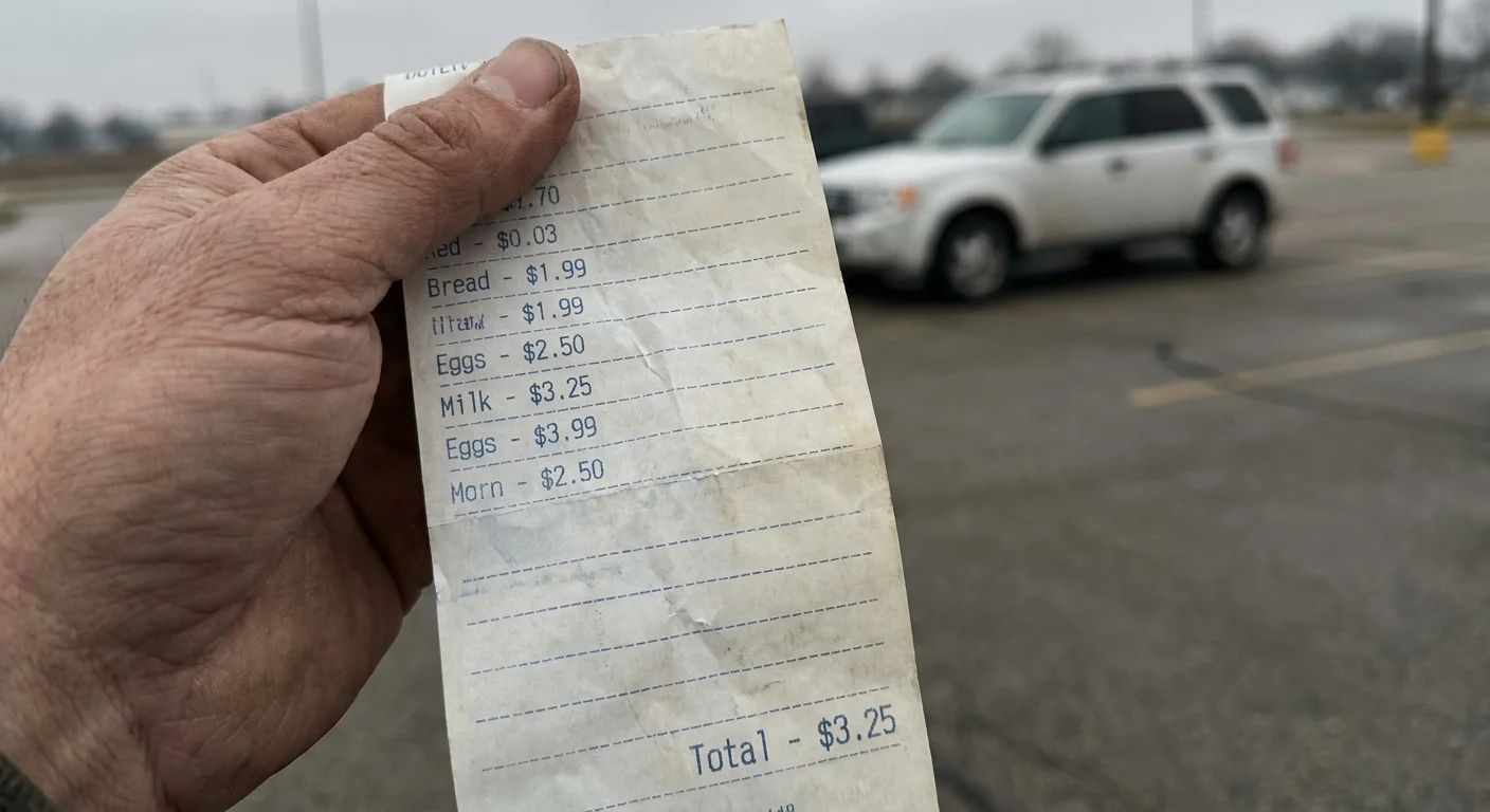 A close-up of a grocery receipt in Richmond, Indiana, showing low prices for household staples.