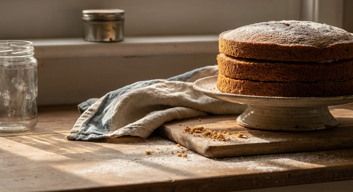 A close-up of a homemade layer cake on a kitchen counter with flour and a linen towel.