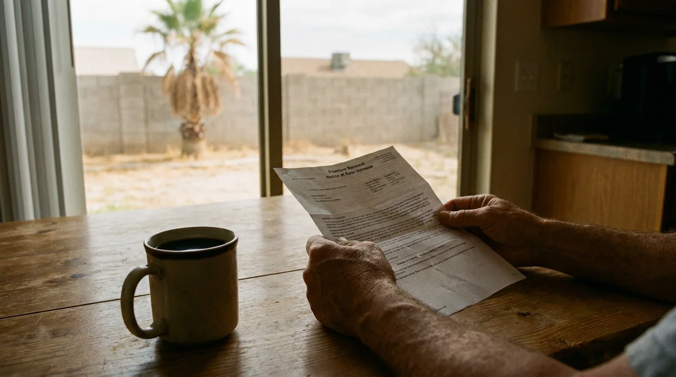 A close-up of a person's hands holding an insurance renewal bill at a kitchen table in an Arizona home.