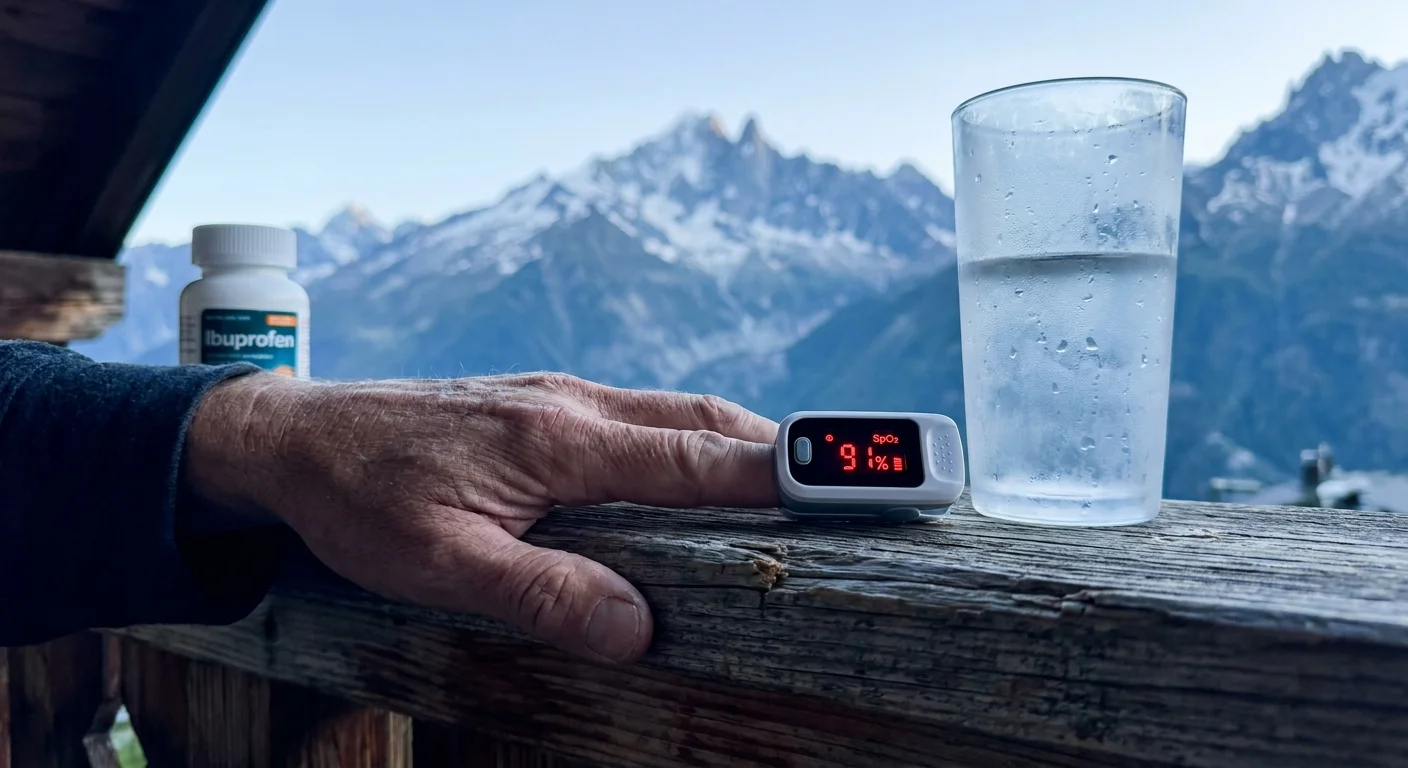 A close-up of a pulse oximeter showing a 91 percent oxygen reading against a background of Colorado mountains.