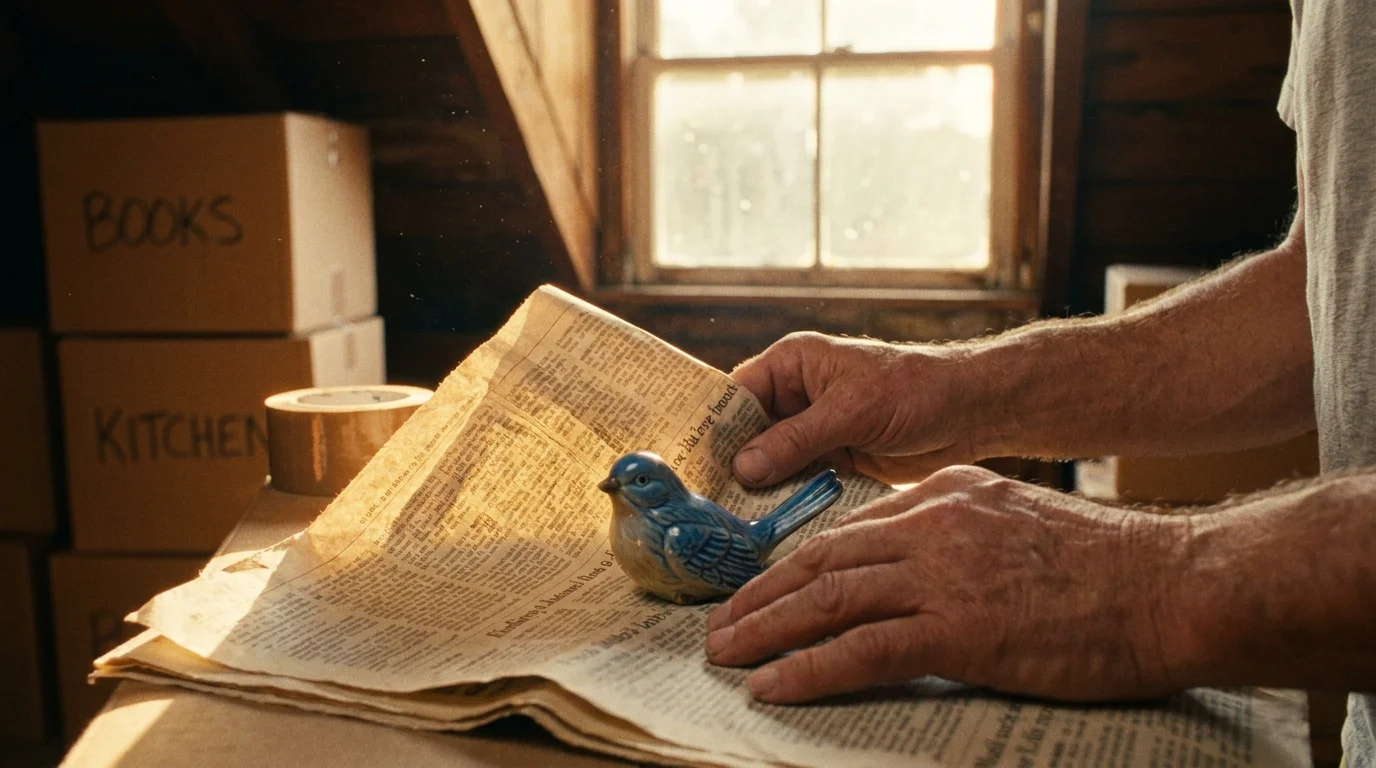 A close-up of an older person's hands wrapping a small ceramic keepsake in newspaper, surrounded by moving boxes in a dusty attic.