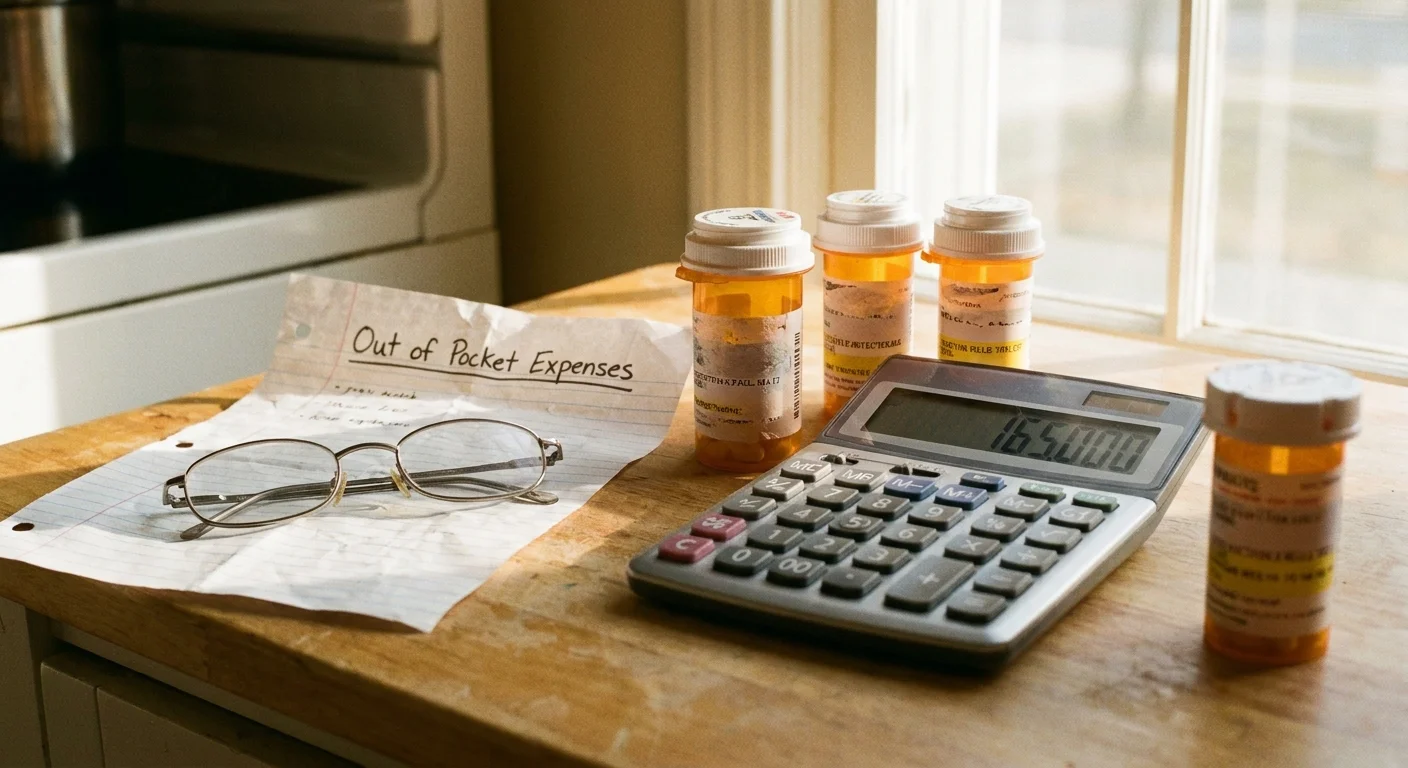 A close-up of prescription bottles, a calculator showing a high balance, and a medical expense list.