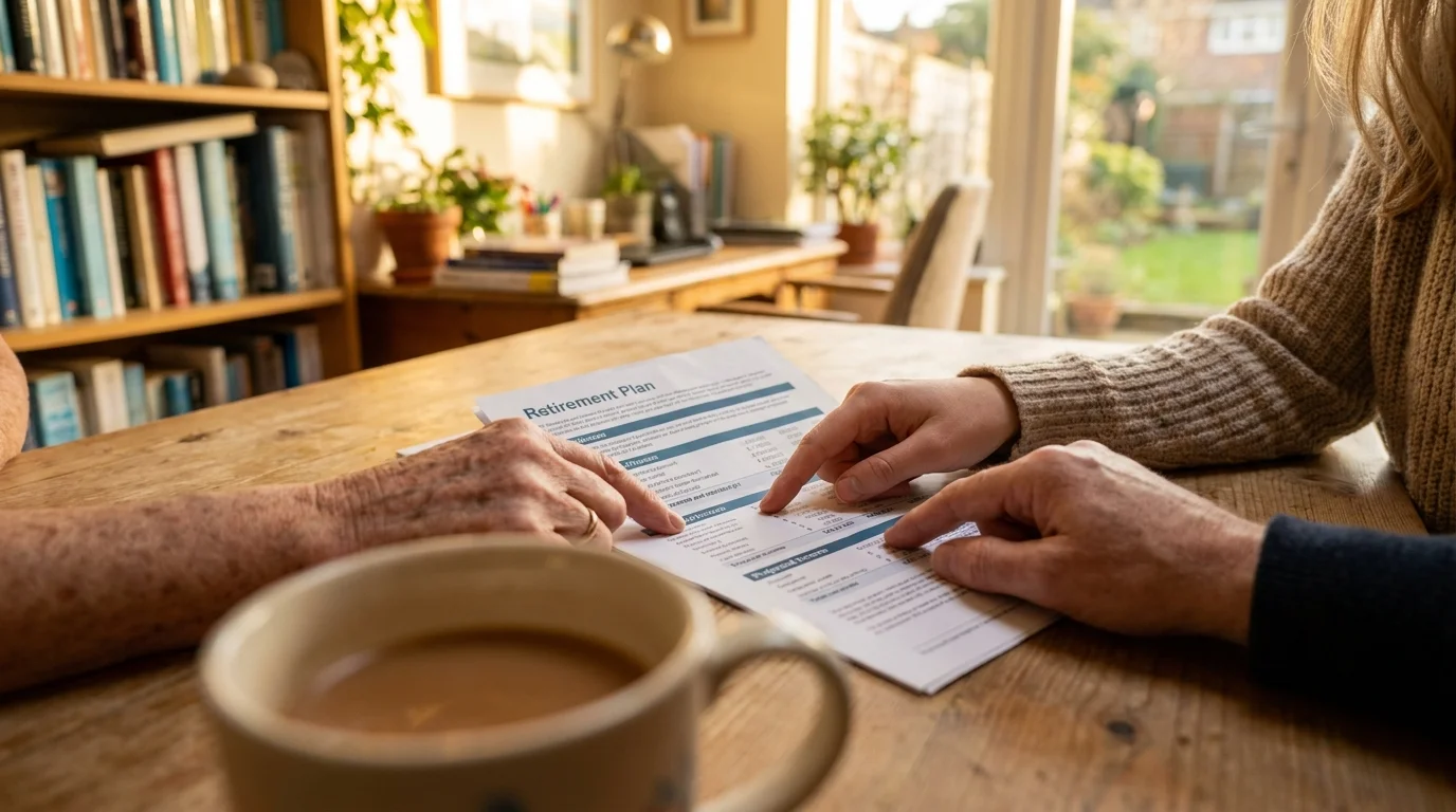 A close-up of two people's hands reviewing a retirement plan together on a sunlit table.