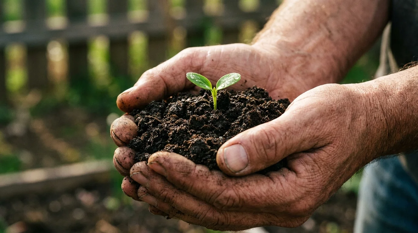 A close-up photo of a retiree's hands holding rich soil and a small plant, symbolizing hobby farming.
