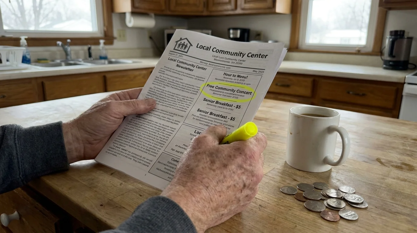 A close-up photo of hands highlighting free and low-cost events in a community newsletter on a kitchen counter.
