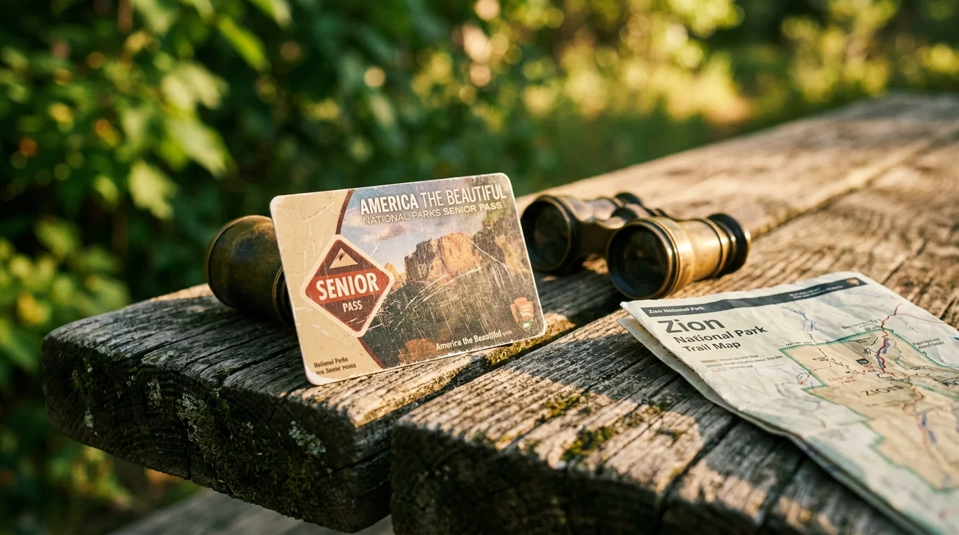 A close-up photograph of a National Parks Senior Pass on a wooden table with binoculars and a trail map.