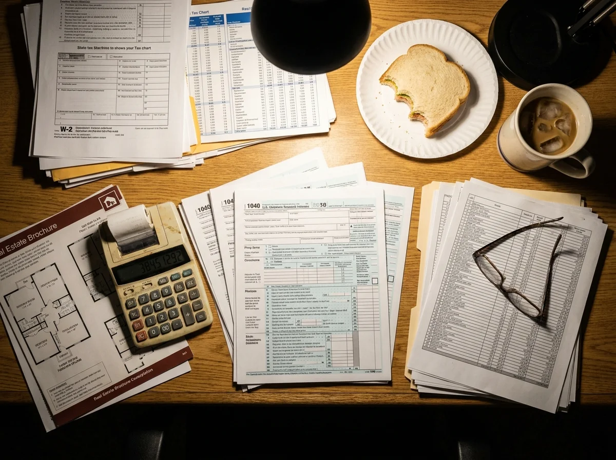 A cluttered desk covered in tax forms, real estate brochures, and a calculator, suggesting an overwhelming task.