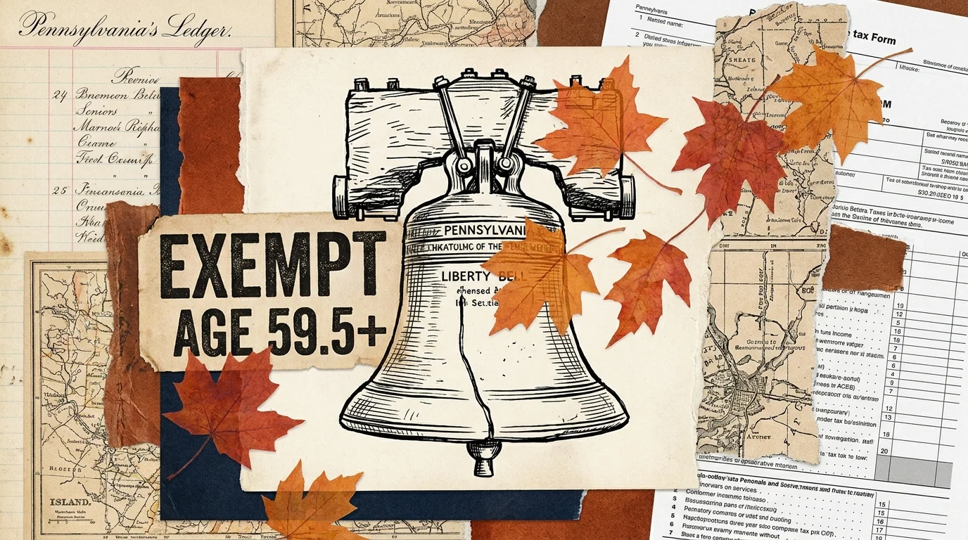 A collage featuring the Liberty Bell and autumn leaves with the text 'Exempt Age 59.5+' for Pennsylvania.