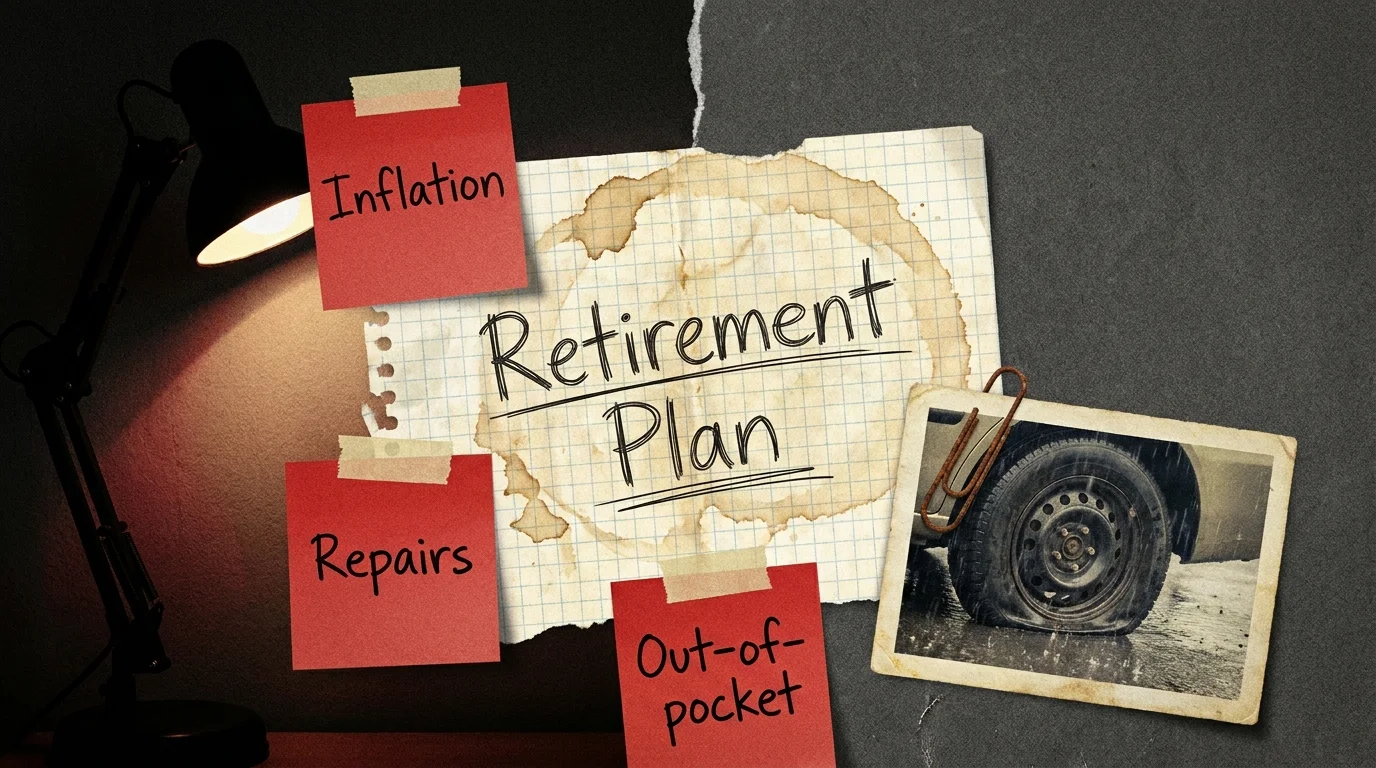 A collage of a crumpled retirement plan with red notes about inflation and unexpected repairs.