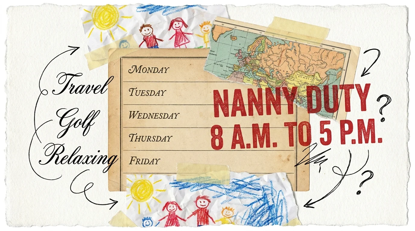 A collage of a planner showing a conflict between leisure activities and a scheduled 8 a.m. to 5 p.m. childcare block.