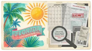 A collage showing a bright tropical postcard on the left overlapping with complex financial documents and a 2026 calendar on the right.