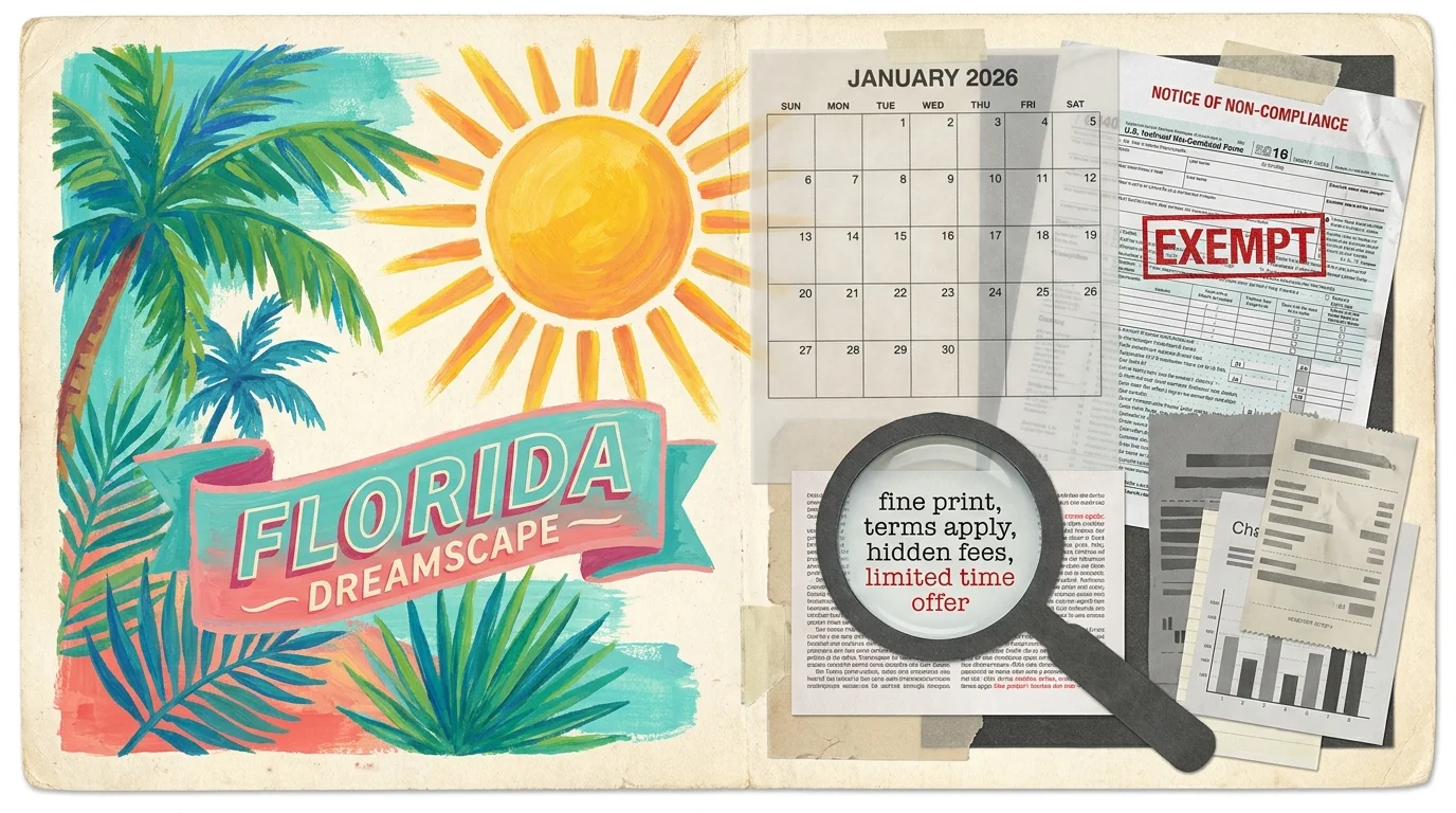 A collage showing a bright tropical postcard on the left overlapping with complex financial documents and a 2026 calendar on the right.