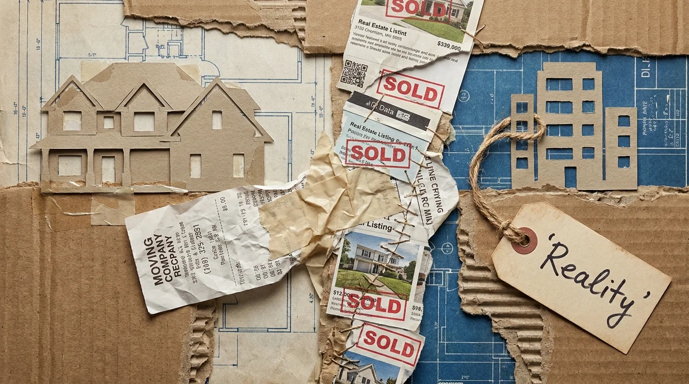 A collage showing a large house and a small apartment connected by receipts and moving tape, symbolizing the cost of downsizing.