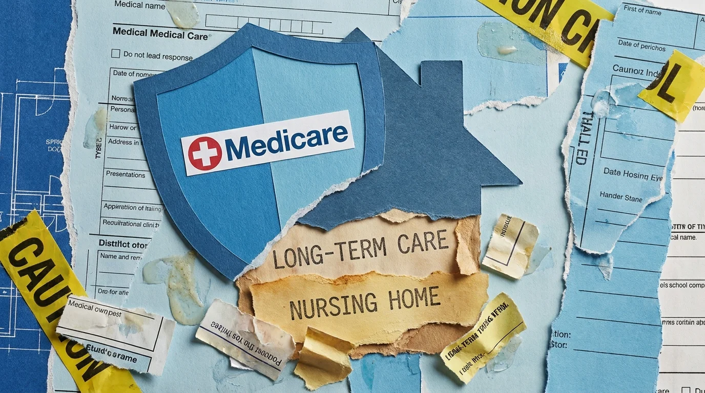 A collage showing a Medicare shield failing to protect the lower half of a home labeled 'Long-Term Care'.