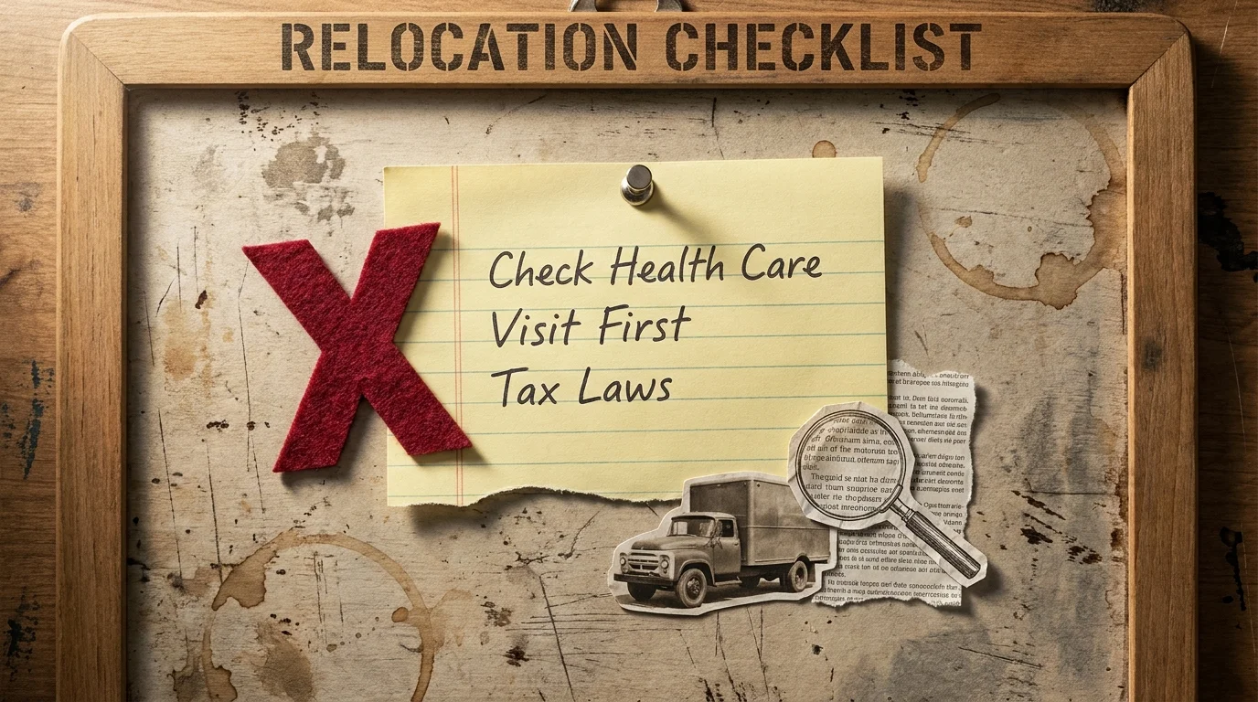 A collage showing a relocation checklist with a magnifying glass and warning signs to avoid moving mistakes.