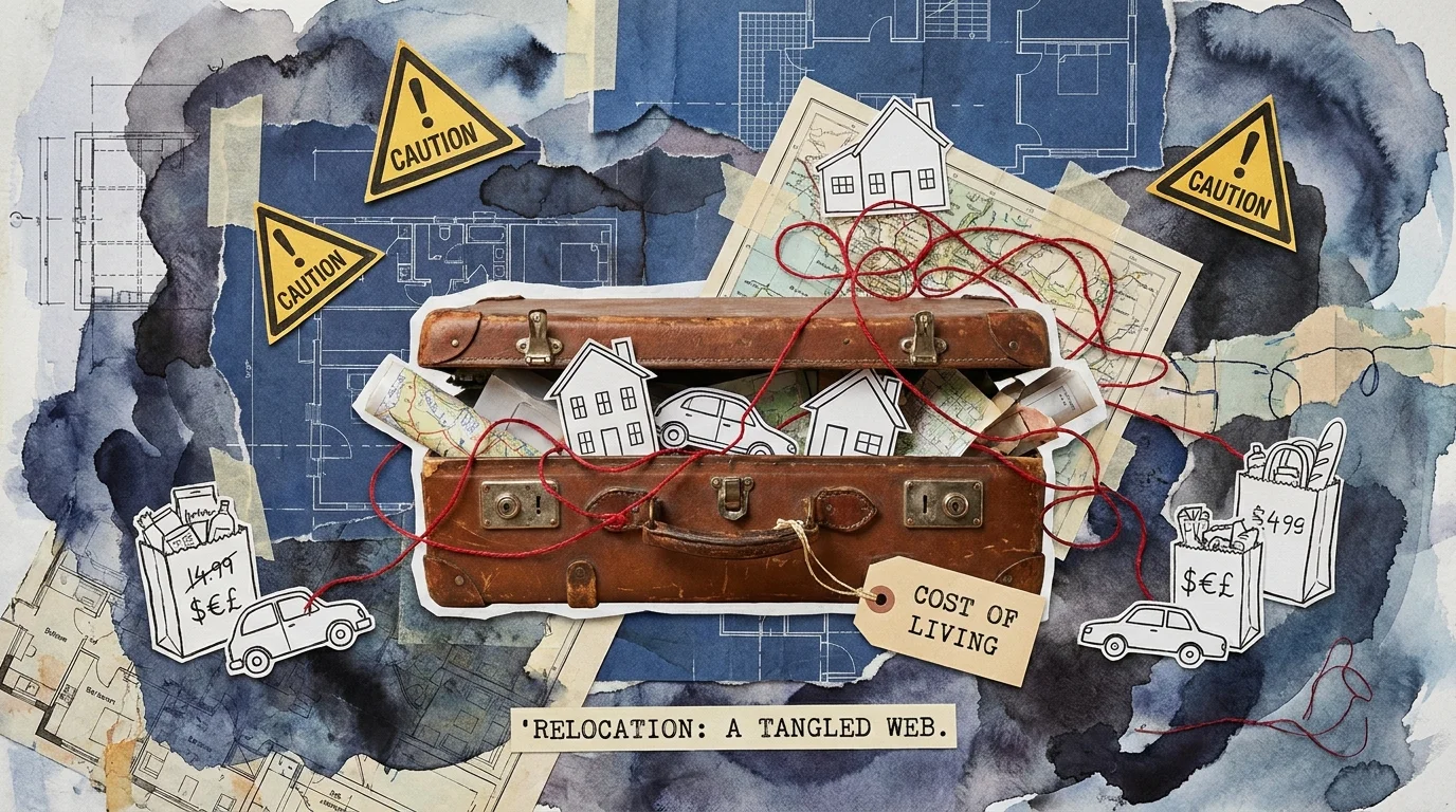 A collage showing a suitcase and various cost-of-living icons, representing the complexity of relocation.