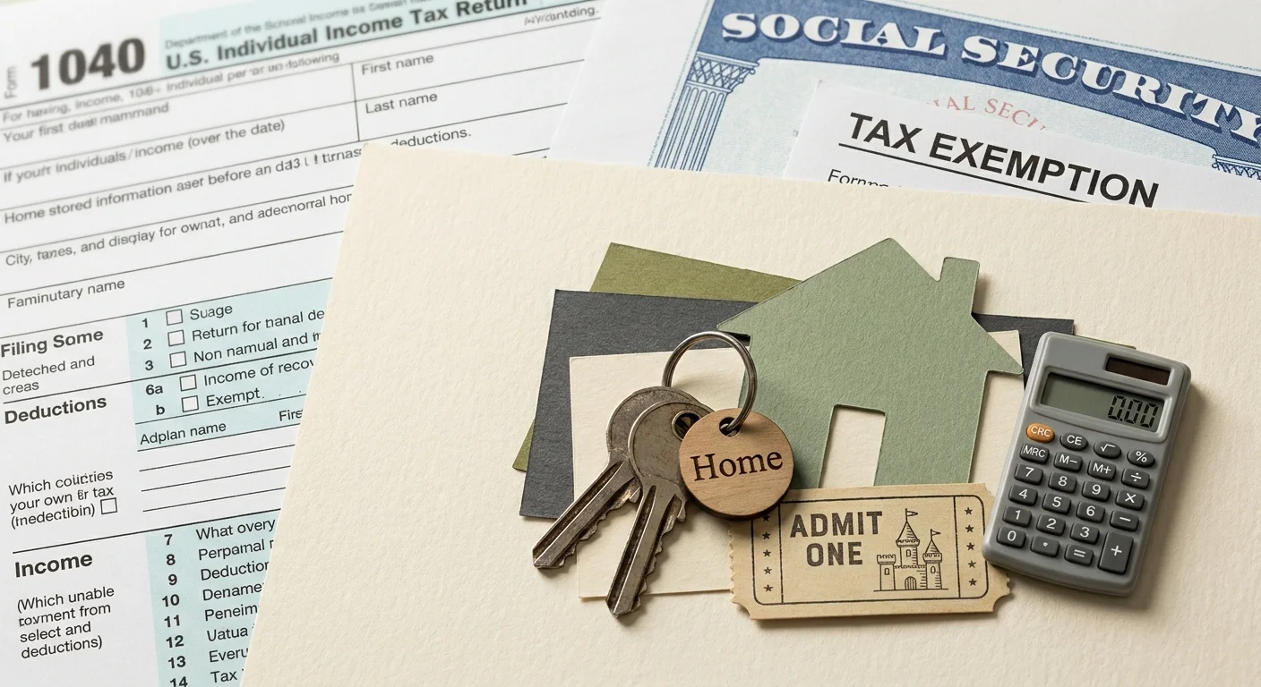 A collage showing financial documents, house keys, and a theme park ticket representing retirement planning.