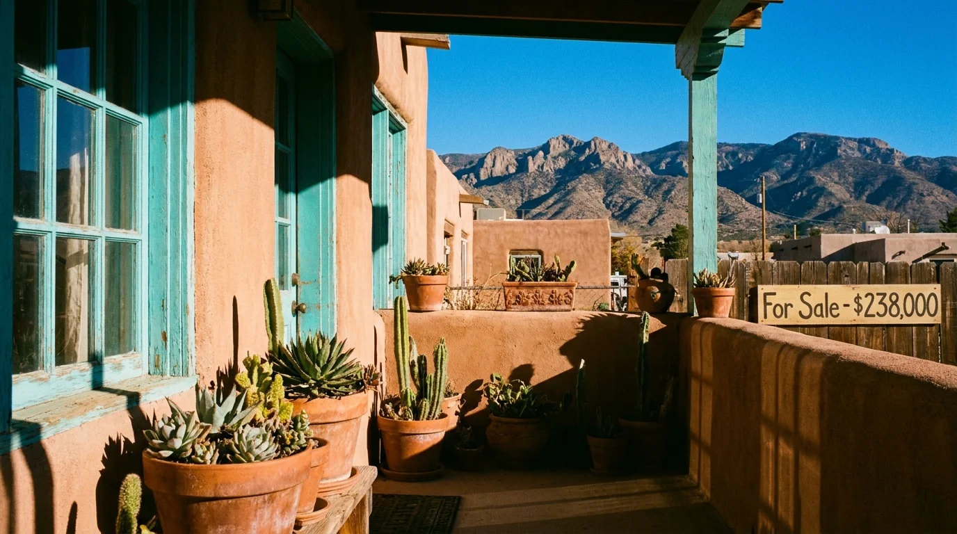 A colorful adobe-style home in Silver City, New Mexico, with the Gila Mountains in the background and a price sign for $238,000.