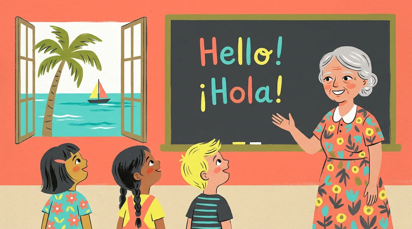 A colorful gouache illustration of a retired teacher in a tropical classroom teaching English.