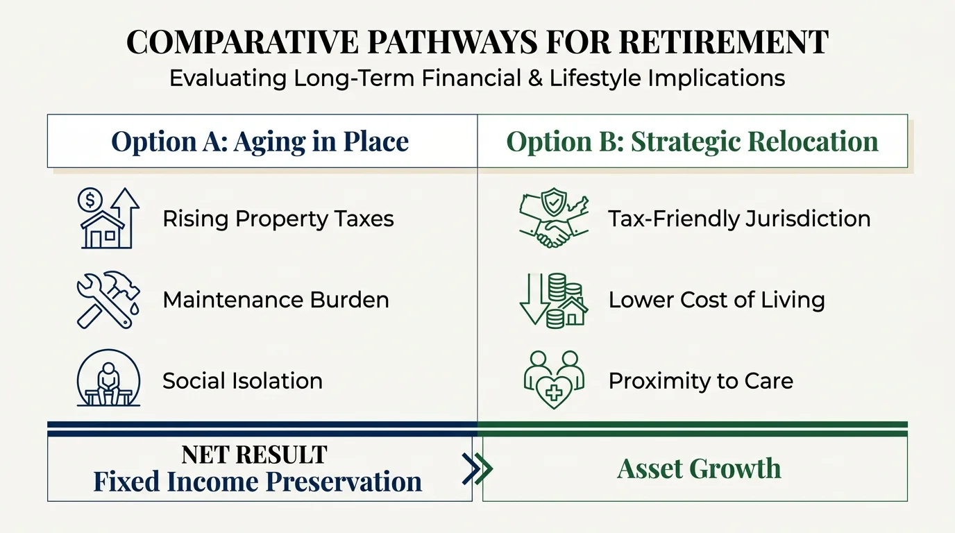 A comparative table showing the pros and cons of staying in a current home versus relocating.