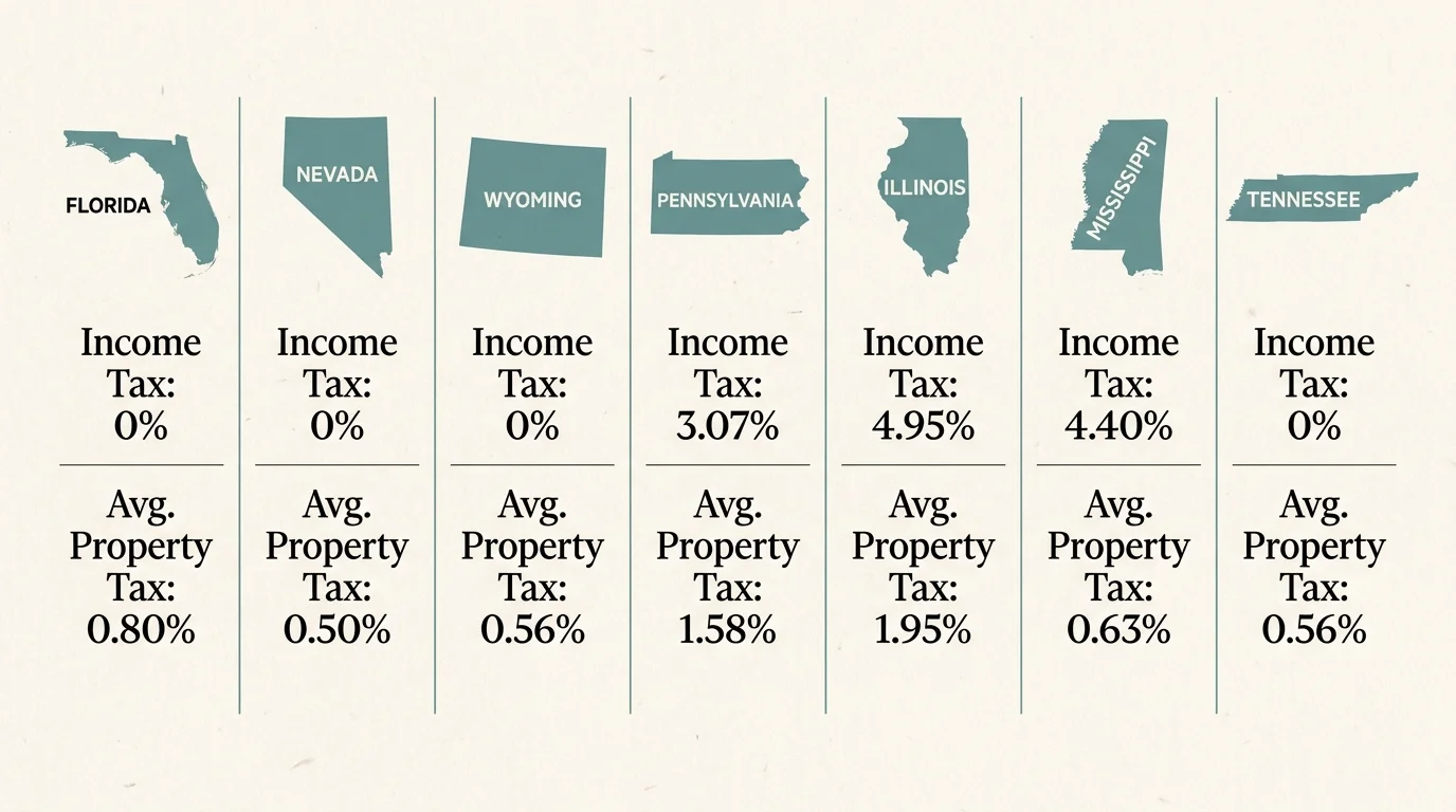 A comparison chart of seven states showing their income tax rates and average property tax percentages.