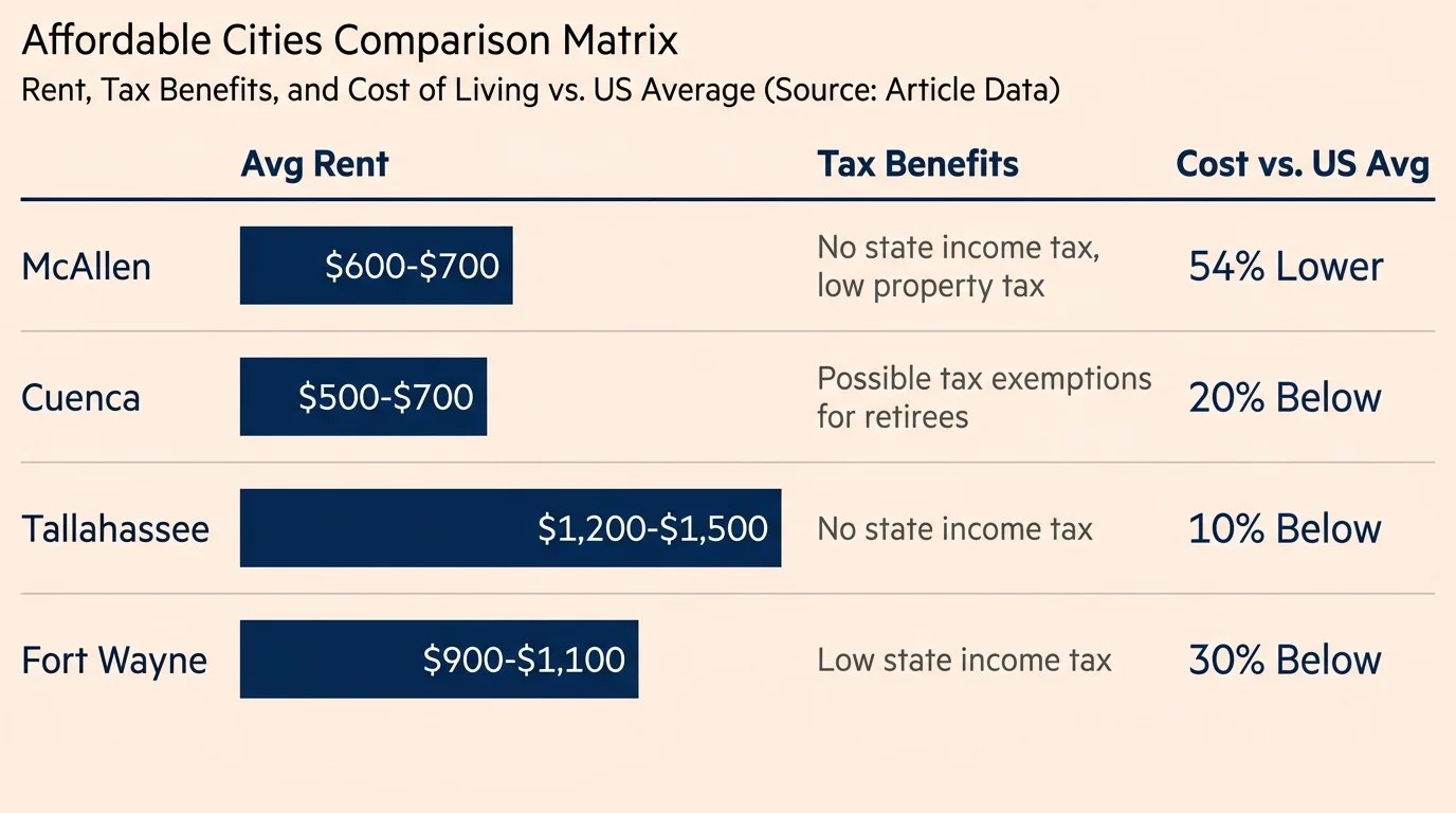 A comparison chart showing rent and cost-of-living percentages for McAllen, Cuenca, Tallahassee, and Fort Wayne.