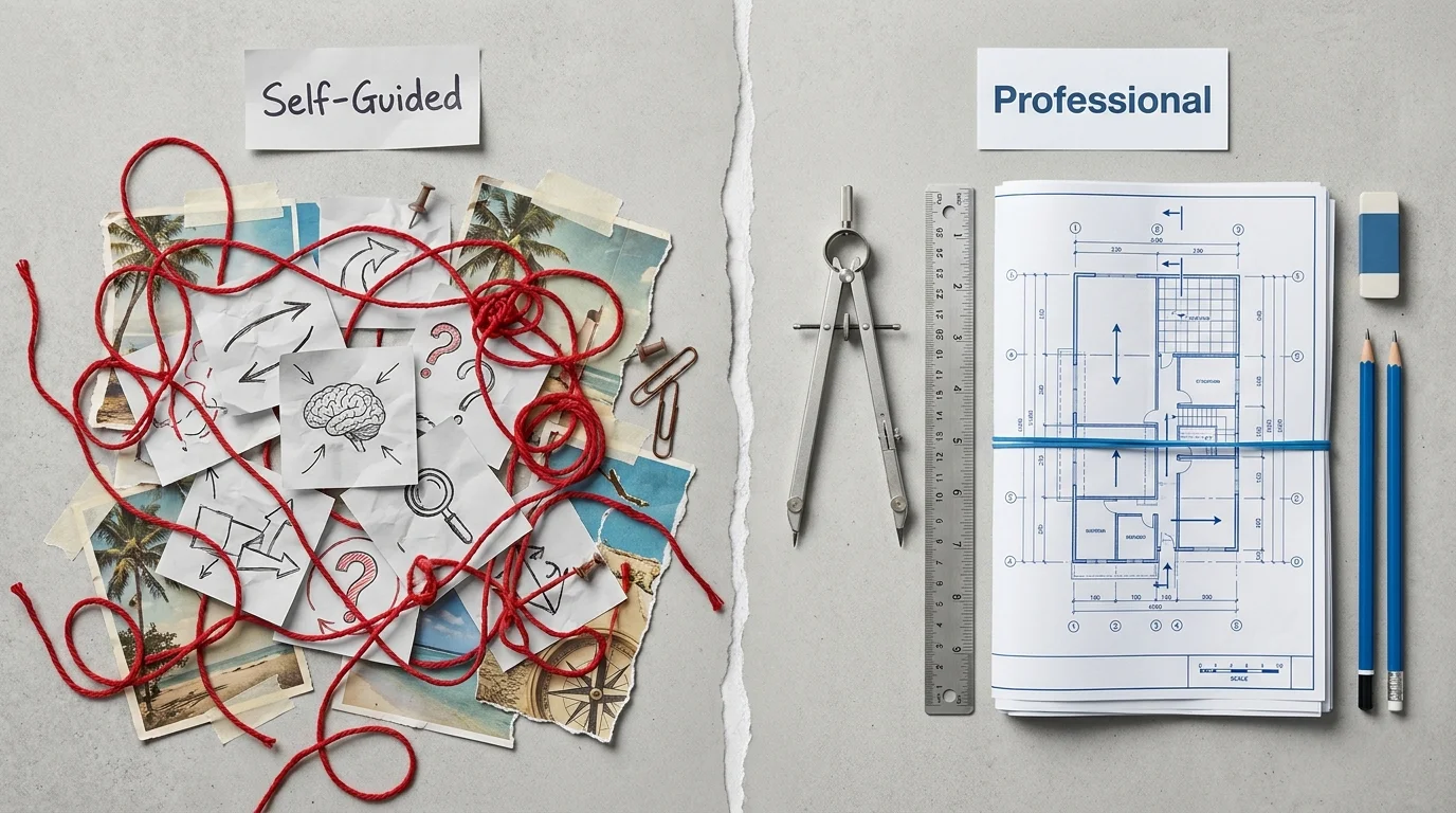A comparison showing a messy pile of notes on one side and a professional compass and map on the other.