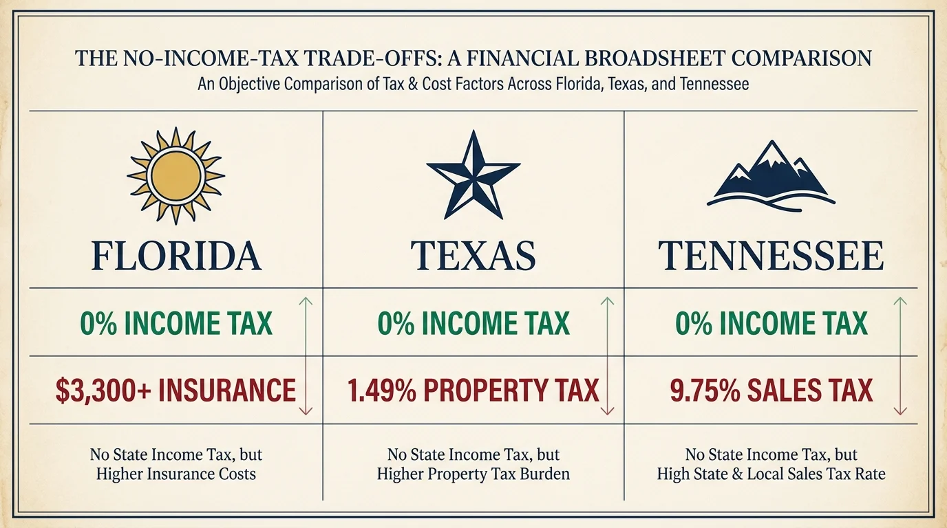 A comparison table showing the 0 percent income tax benefit versus the high insurance, property, and sales taxes in FL, TX, and TN.